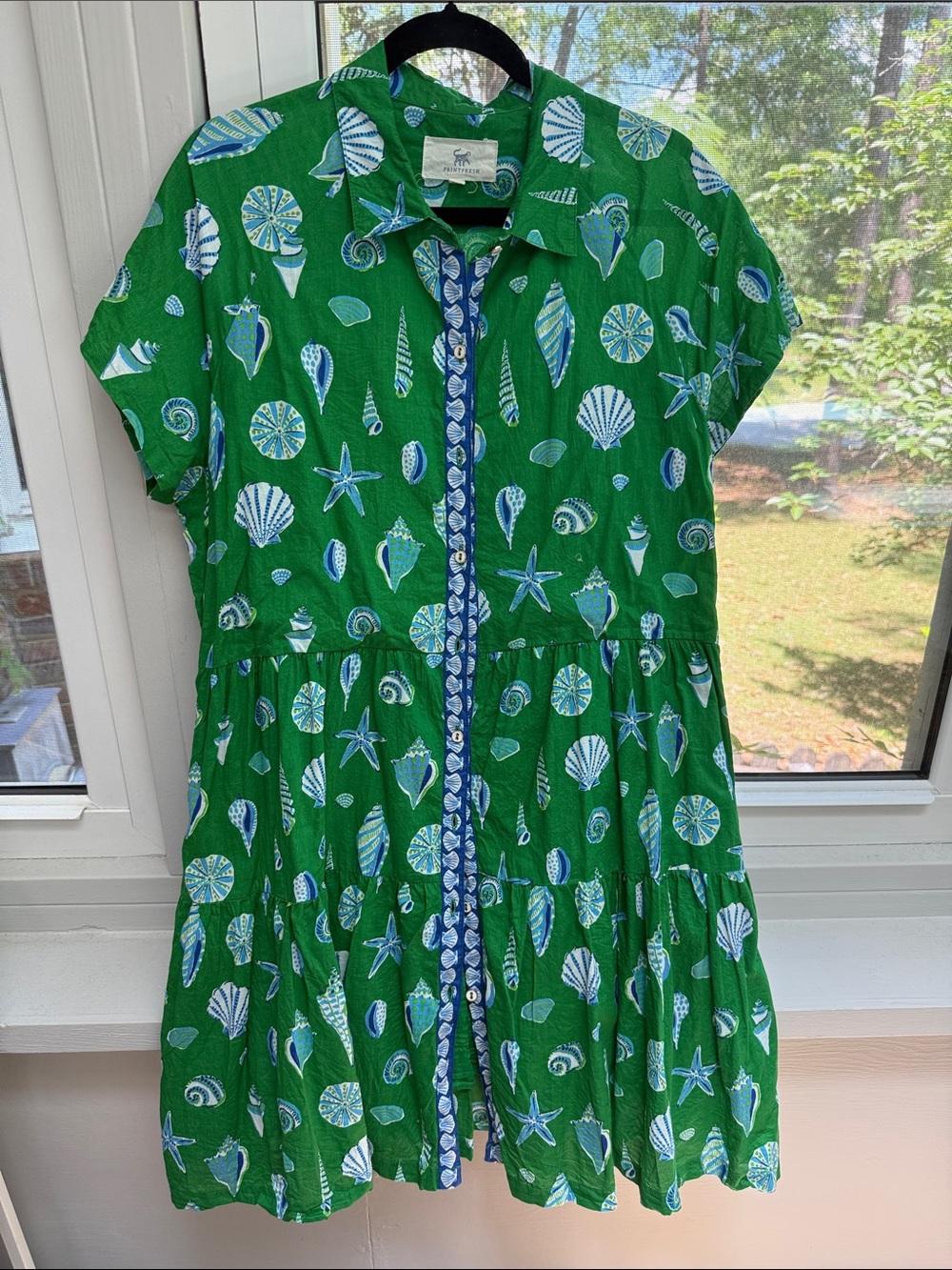PrintFresh Beachcomber Green Seashell Print Button-Front Dress Sz. XL
